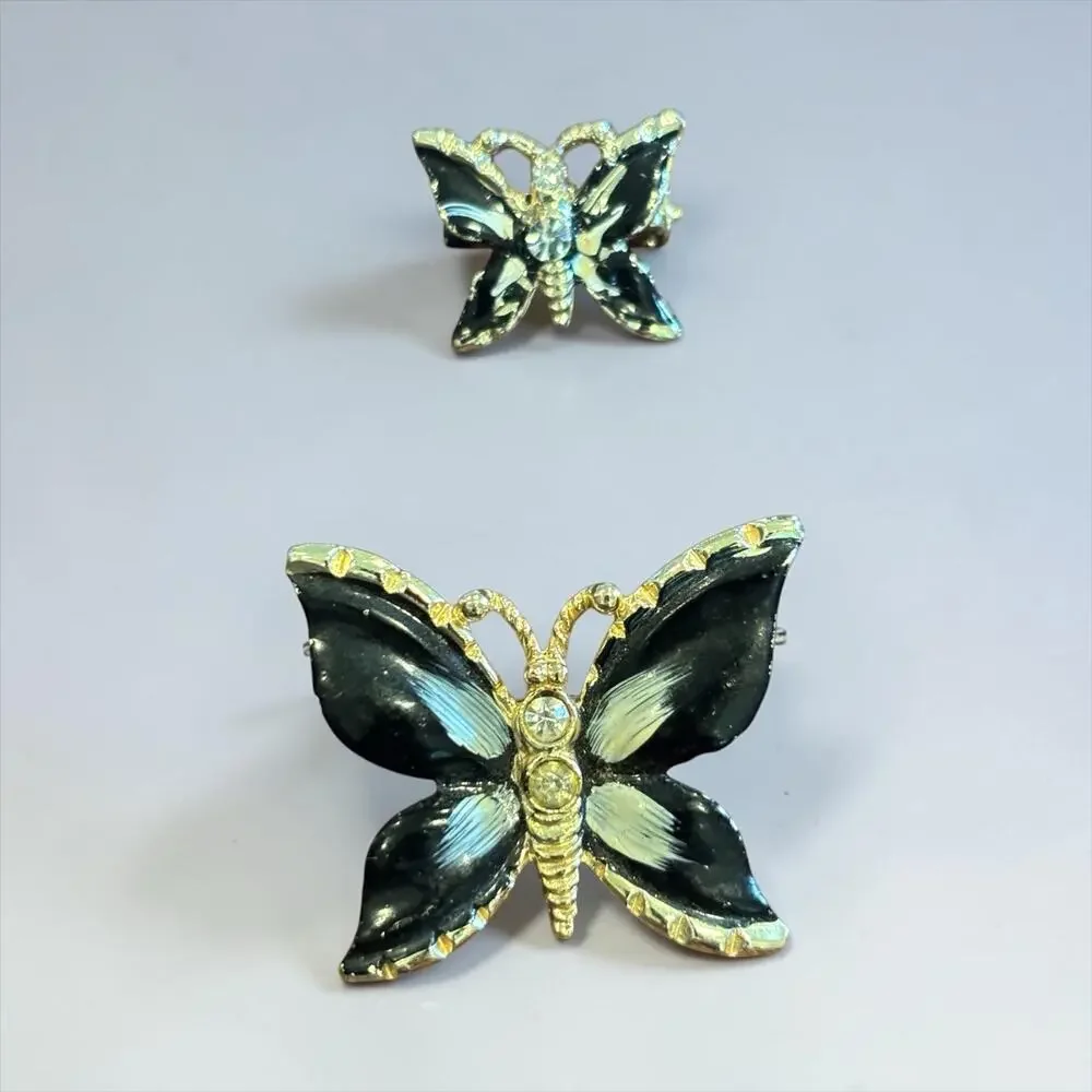 Vintage Black Enamel Butterfly Brooch Set Rhinestone Gold Tone Mother Daughter